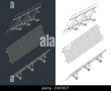 Stilisierte Vektordarstellung isometrischer Blaupausen von Solarpaneel mit Befestigungselementen Stock Vektor