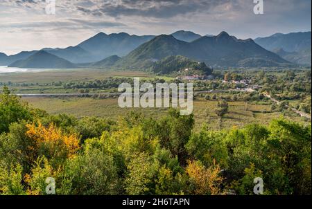 Bunte Bäume und Ebenen mit frühmorgendem Licht über dem fernen See und den trüben Bergen. Stockfoto