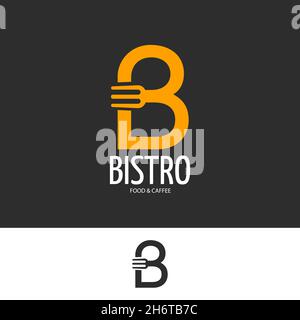 Bistro Cafe Logo Gelber Buchstabe B auf dunklem Hintergrund und Gabel Vorlage Illustration Design Stock Vektor