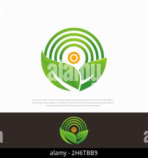 Blatt und Sonne im Kreis, Bauernprodukt-Emblem, natürliches Bio-Logo. Stock Vektor