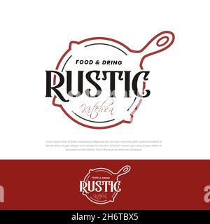 Vintage Retro Rustikale, gusseiserne Pfanne für Food-Gerichte, klassische Restaurantküche, traditionelles Essen, Restaurantkost, Logo-Vektor-Illustration Stock Vektor