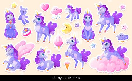 Stickerpaket mit magischem Einhorn, niedlichem Cartoon-Pony oder Pferd mit Horn und lila Mähne mit Funkeln. Isolierte Patches für Mädchen mit Fantasy-Charakter, Stern, Mond, Eis, Wolke oder Ring, Vektorset Stock Vektor