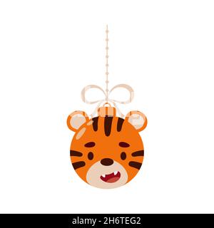 Frohe Weihnachten und Neujahr Ball mit niedlichen Tiger. Cartoon Winterurlaub Tier Kugel. Vektorgrafik Stock Vektor