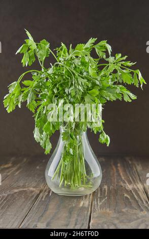 Bund frischer Petersilie im Dekanter, Kräuter zum Anrichten von Gerichten. Stockfoto