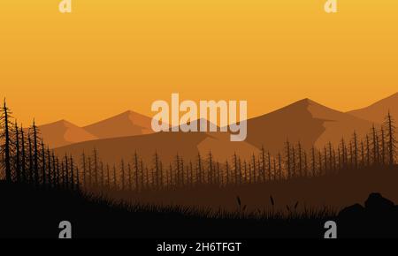 Eine fantastische Aussicht auf die Berge mit dem Wald vom Vorort in der Dämmerung. Vektordarstellung einer Stadt Stock Vektor