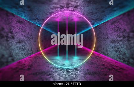 Neonlampen im Betonraum. Retro-Hintergrund. Stockfoto