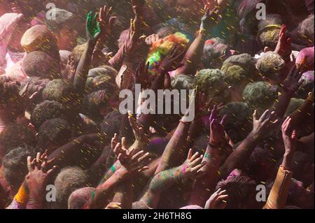 INDIEN, UTAR-PRADESH, VRINDAVAN, BANKE BIHARI-TEMPEL. HOLI, GENANNT COLOR FESTIVAL, WIRD WÄHREND DES VOLLMONDES DES MONATS PHALGUNA IM S GEFEIERT Stockfoto