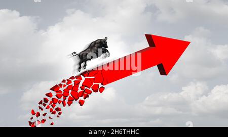 Marktkrise und Bullenwirtschaft Gefahr und wirtschaftliche Panik Konzept nach oben als prekäre finanzielle Gewinn Symbol und inflationäre Aktien Trend. Stockfoto