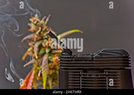 Das Konzept der Verdampfung von Cannabis wurde aufgenommen. Fokussierter Verdampfer Mundstück und unscharf Pflanze Knospe im Hintergrund mit einem Rauch, kopieren Raum auf der linken Seite. Stockfoto