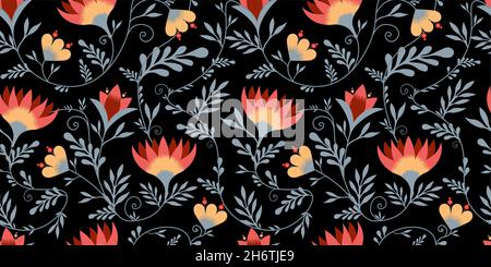 Abstraktes Blumenmuster. Chrysanthemen für Textilien und Stoffe. Rosa und Kirschfarben. Schwarzer Hintergrund.Vektor-Illustration Japanische Blume Stock Vektor