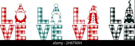 Sublimation von Weihnachtsgnomen. Liebe Zwerge. Buffalo Karos Vektor Illustrationen von Santa Claus und Snow Maiden. Nette junge und Mädchen gnome svg cut-Datei Stock Vektor