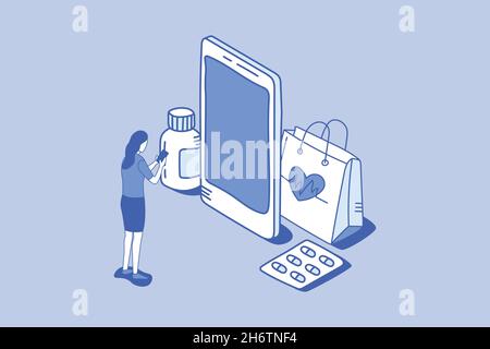 Digitales Health Smartphone Access Technologie Konzept mit Umriss isometrischen Stil Vektor Illustration Stockfoto