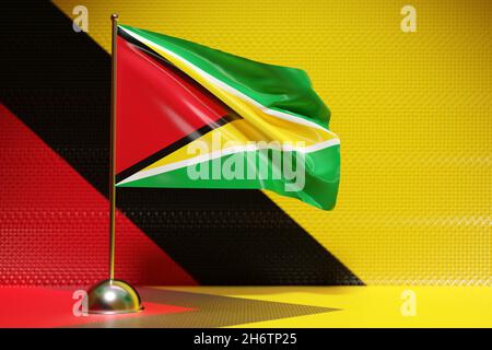 3D-Darstellung der Nationalflagge von Guyana auf einem Metall-Fahnenmast flatternd .Land-Symbol. Stockfoto