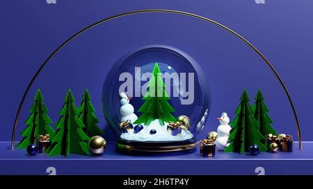 3d-Illustration einer Weihnachtskugel mit Weihnachtsbaum, Schneemann, Geschenken und Weihnachtsbaumschmuck auf blauem Hintergrund. Glasschneegugel Stockfoto