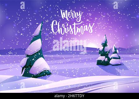 Berg-Winterlandschaft mit verschneiten Bäumen, Mond und Sternen. Verschneite Nacht. Vektorgrafik Stock Vektor