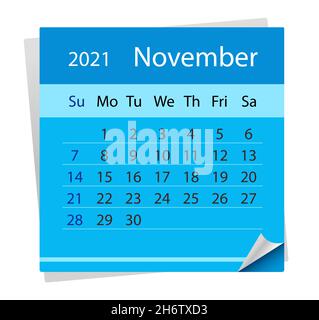 Kalenderblatt zum Monat November 2021. Vektorgrafik. Stock Vektor