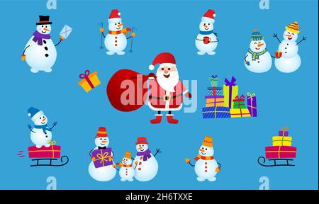 Set von Schneemann tragen ein Winter-Thema und weihnachtsmann mit einer Tasche von Geschenken. Vektorgrafik auf blauem Hintergrund. Stock Vektor