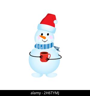 Charakter ist ein Schneemann in einem Schal und einem Hut mit einem roten Becher. Vektorgrafik. Stock Vektor