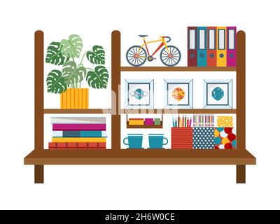 Regal für das Home Office mit Dekor in Flat Stock Vektor