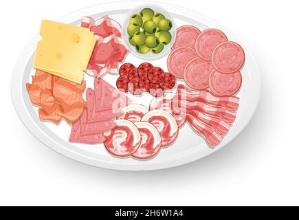 Mittagessen Fleisch Set mit verschiedenen Aufschnitt auf Platte Abbildung Stock Vektor