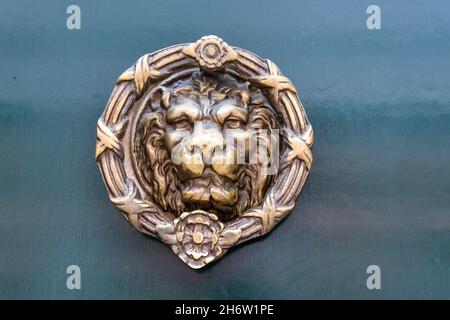 Antikes Türdetail mit einem Löwenkopf im RBC Dominion Securities Gebäude im Inneren der Allen Lambert GalleriaNov. 18, 2021 Stockfoto