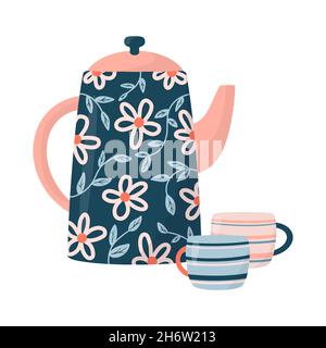 Keramik Teekannen und ein paar Tassen oder Tassen isoliert auf weißem Hintergrund. Keramik-Trinkgefäße oder Gläser für die Teezeremonie. Flacher Cartoon-Vektor Stock Vektor