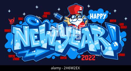 Abstraktes Banner Frohes Neues Jahr 2022 Mit Weihnachtsmann Im Graffiti-Stil Schriftart Schriftzug Vektor Illustration Art Stock Vektor