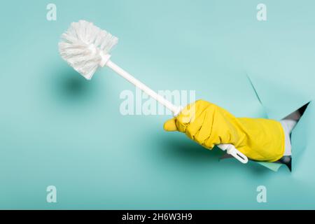 Teilansicht des Reinigungsmittels im Gummihandschuh, der die Toilettenbürste durch das Loch in der Papierwand auf Blau hält Stockfoto