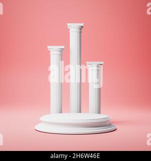 Weißes, abgerundetes Produktpodium mit antiken Säulen auf rotem Hintergrund Stockfoto