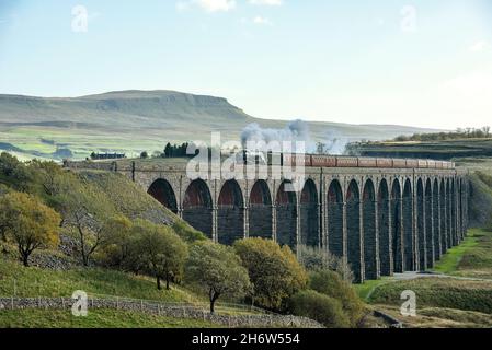 Die Dampflokomotive Peppercorn A1 Pacific der Baureihe 60163 Tornado fährt einen Zug über das Ribblehead Viadukt in den Yorkshire Dales. Pen-y-ghent oder Penygh Stockfoto