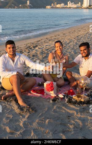 Fröhliche Freunde lächeln und bieten einen Toast an, während sie am Strand das neue Jahr feiern. Stockfoto