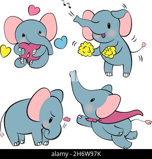 Emotionales Sticker-Set mit niedlichem Elefant. Kawaii-Stil. Cartoon Emoji Aufkleber mit Elefanten in verschiedenen Stimmungen. Vektorgrafik. Stock Vektor