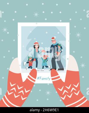 Ein Foto mit einer Familie in der Hand. Konzept für Winterweihnachtszeit. Familienfoto auf einem Hintergrund von Schneeflocken. Vektorgrafik in einem flachen Stil.