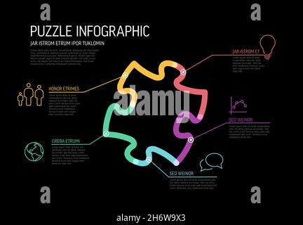 Vektor-Puzzle Infografik-Report-Vorlage aus dicken Markierungslinien und Symbolen in Form eines Puzzleteilers mit Symbolen und Beschreibungen auf schwarzem Bac Stock Vektor