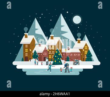 Frohes neues Jahr und frohe Weihnachten Winter City Street. Weihnachtsstadt mit Menschen. Weihnachtsmann mit Rentieren am Himmel über der Stadt. Vektor. Stock Vektor