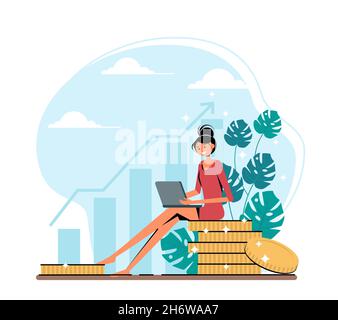 Anlagekonzept - Illustration mit Münzen, hübscher Frau und Laptop. Konzeptdarstellung für Investment, Banking, Finance, Wealth Grow. Vektor. Stock Vektor
