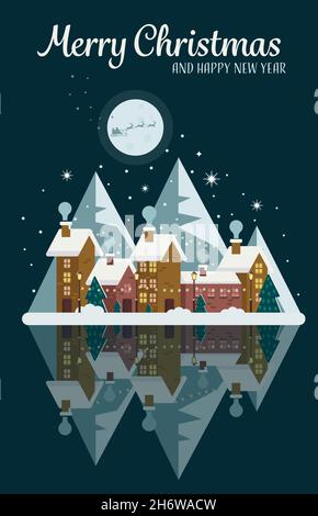 Grußkarte mit nächtlich dekorierter Winterstadt, Bergen und Laternen. Mond mit Weihnachtsmann und Hirsch. Vektorgrafik in einem flachen Stil. Stock Vektor