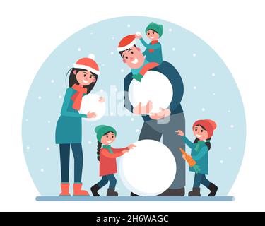 Glückliche Familie macht einen Schneemann. Eltern und Kinder ruhen sich aktiv an der frischen Luft aus. Weihnachtstraditionen und Entspannung. Vektorgrafik. Stock Vektor