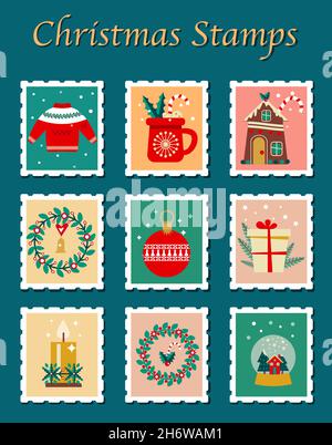 Set von niedlichen Briefmarken mit weihnachtlichen Dekorationssymbolen. Vektorgrafik. Stock Vektor