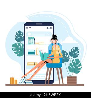 Frau liest ein Buch auf dem Hintergrund eines Smartphones. Online-Bibliothek von Büchern. Vektorgrafik im flachen Stil. Stock Vektor