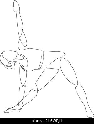 Frau, die Yoga-Dreieck-Pose macht. Fortlaufende Linienzeichnung. Gesundes Lifestyle-Konzept. Internationaler Tag des Yoga. Vektorgrafik. Stock Vektor
