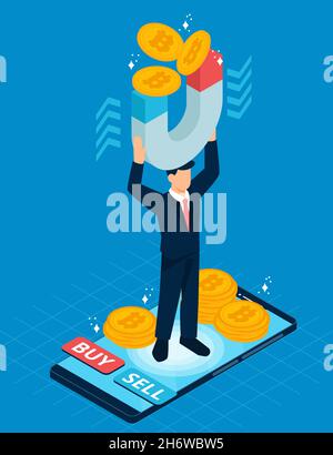 Isometrisches Kryptowährungskonzept mit Vektordarstellung des Telefons. Stock Vektor