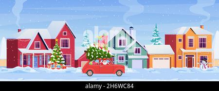 Weihnachtskarte Design von Auto mit Baum auf der Oberseite Stock Vektor