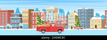 Weihnachtskarte Design von Auto mit Baum auf der Oberseite Stock Vektor