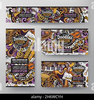 Cartoon Vektor Doodle Satz von Music Classic Corporate Identity Vorlagen. Bunte lustige Banner, id-Karten, Flayer für den Einsatz auf Branding, Einladungen Stock Vektor