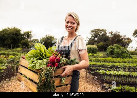 Autarke Bäuerin, die eine Schachtel mit frischen Produkten hält. Junge Bio-Bäuerin lächelt fröhlich nach der Ernte von frischem Gemüse aus Stockfoto