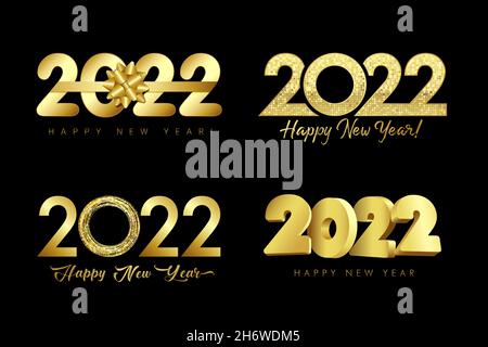 Großer Satz von 2022 goldenen Logo Design elegante Schleife, Ring, Mosaik und 3d-Zahlen auf schwarzem Hintergrund. Weihnachtstypografie mit goldenem Text für Banner Stock Vektor