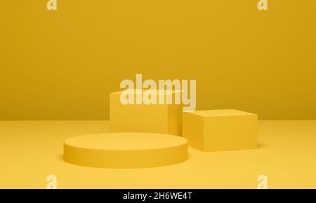 Zylinder Hintergrund minimale Szene geometrische Plattform, Gelbes Podium Sockel für Werbung Display. 3D Rendern. Stockfoto