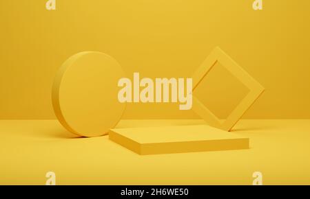 Abstrakter Hintergrund minimale Szene geometrische Plattform, Gelbes Podium Sockel für Werbung Display. 3D Rendern. Stockfoto