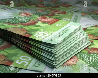 Geld aus Hongkong. Hongkong-Dollarscheine. HKDHSBC-Banknoten. 50 Dollar. Handel, Finanzen, Nachrichten Hintergrund. 3d-Illustration. Stockfoto